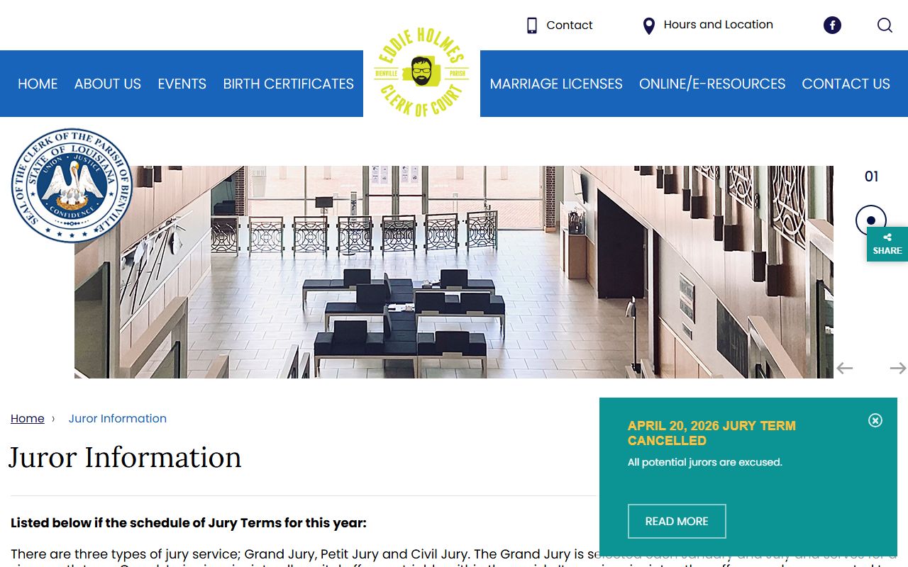 Bienville Parish Clerk of Court jury information page