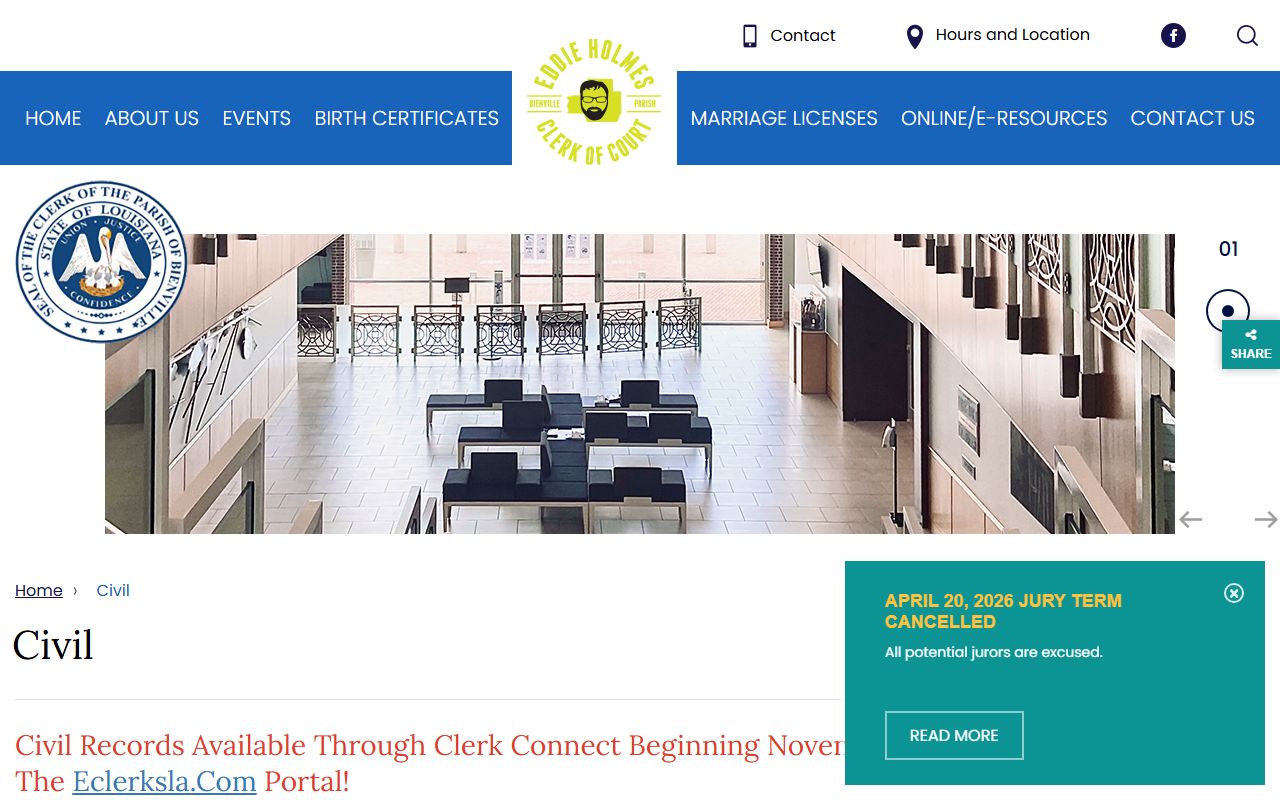 Bienville Parish Clerk of Court civil records page